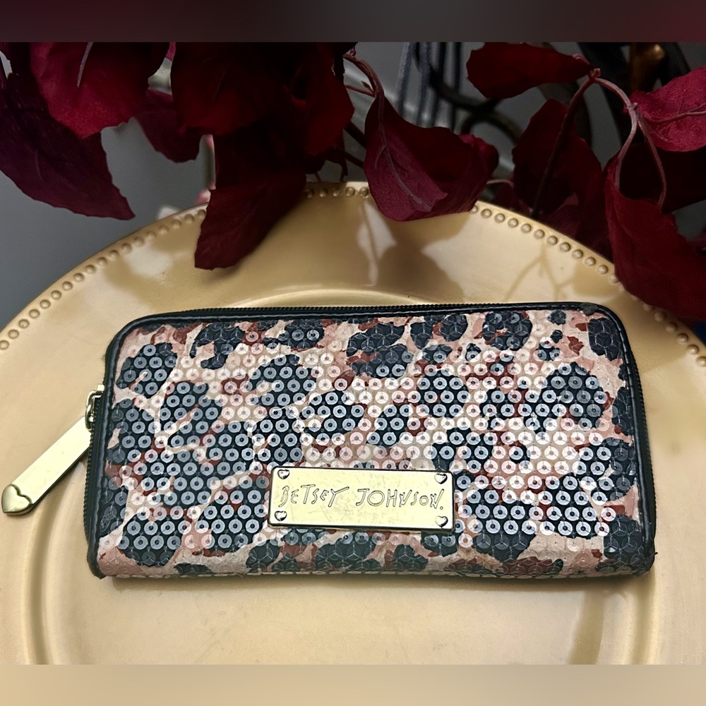 Betsey Johnson Sequin Leopard Print Zip Wallet in Black and Pink